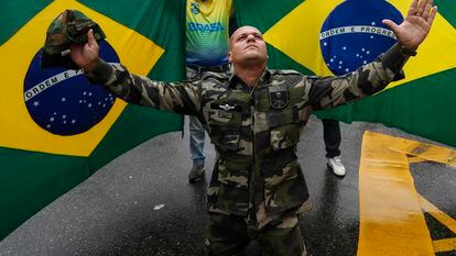 A Bolsonaro supporter in Rio de Janeiro protests his electoral defeat; November 2023.