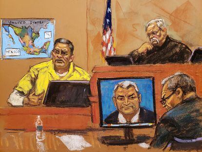 An artist's rendering of Óscar "El Lobo" Nava Valencia's testimony during the trial against Genaro García Luna on January 30 in New York.