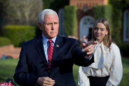 Former Vice President Mike Pence speaks to reporters before the MockCon event at University Chapel at Washington and Lee University on Tuesday, March 21, 2023, in Lexington, Va.