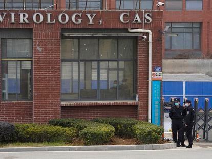 Security personnel outside the headquarters of the Wuhan Institute of Virology in February 2021.