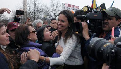 María Corina Machado greets supporters on Friday in front of OAS headquarters in Washington.
