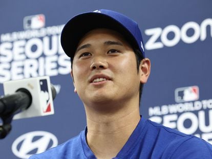 Shohei Ohtani of the Los Angeles Dodgers speaks during a press conference at Gocheok Sky Dome in Seoul, South Korea, March 16, 2024, ahead of a workout for Major League Baseball's Seoul Series.