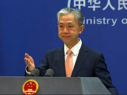 Chinese Foreign Ministry spokesperson Wang Wenbin reacts during the daily presser at the Ministry of Foreign Affiairs in Beijing, on May 27, 2022.