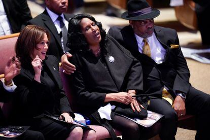 Vice President Kamala Harris sits with RowVaughn Wells and Rodney Wells during the funeral service for Wells' son Tyre Nichols at Mississippi Boulevard Christian Church in Memphis, Tenn., on Wednesday, Feb. 1, 2023.