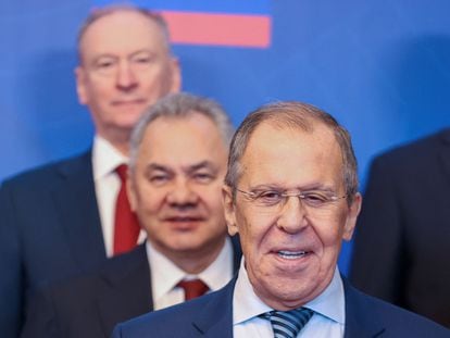 Russian Foreign Minister Sergey Lavrov, Defense Minister Sergei Shoigu and Security Council Secretary Nikolai Patrushev before a meeting in Yerevan, Armenia, on November 23, 2022.
