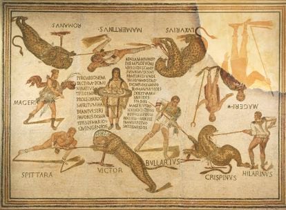 A mosaic portrays games that took place in an amphitheatre in Soussa, Tunisia.