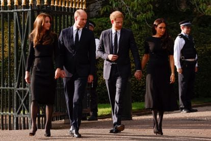 From left to right: Princess Catherine of Wales, Prince William, his brother Harry and Harry’s wife, Meghan Markle, on Saturday at Windsor Castle. The four had not been seen together for over two years, since before Harry and Markle left the United Kingdom.