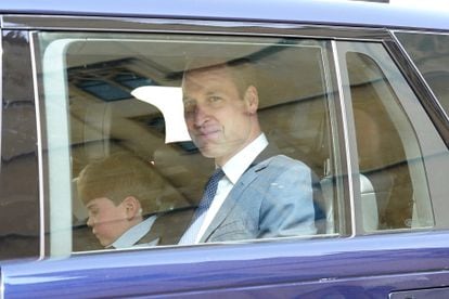 Prince William leaves Westminster Abbey with his son Louis at the coronation rehearsals on May 3, 2023, in London.