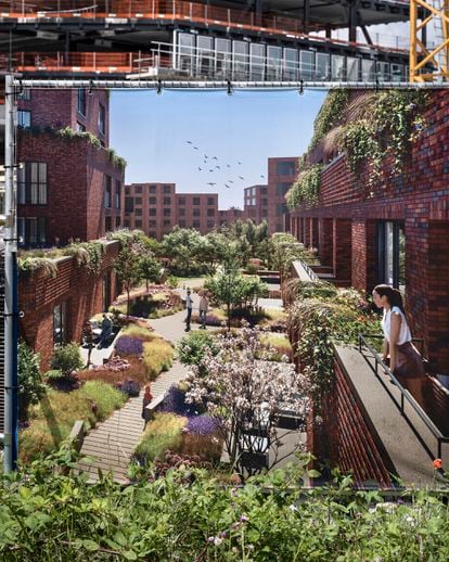 A poster showing a recreation of a courtyard, with a construction site in the background, Amsterdam. 2022. 
