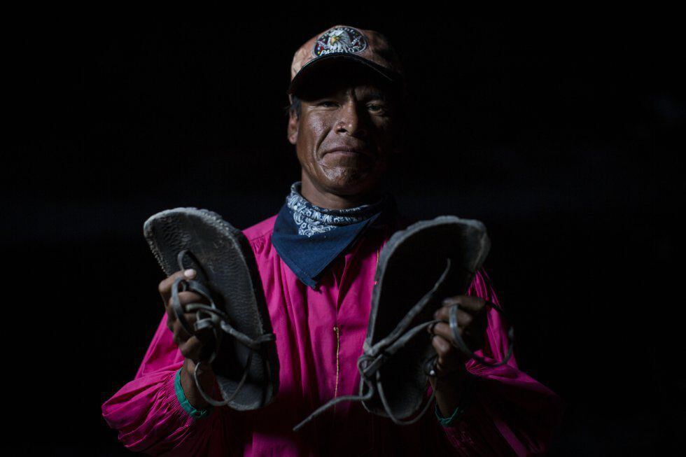 Miguel Villegas, aged 33, has competed in the Caballo Blanco race for the last six years. Like most Tarahumara, he makes his own sandals.
