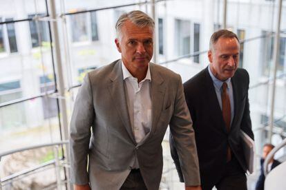Sergio Ermotti, UBS Group Chief Executive Officer and Todd Tuckner, UBS Group Chief Financial Officer walk on the day of a press conference of Swiss bank UBS after the take over of Credit Suisse, in Zurich, Switzerland, August 31, 2023.