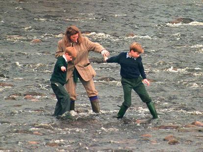 British Princes William and Harry of with their nanny, Tiggy Legge-Bourke, on October 22, 1994, in Balmoral, Scotland. 