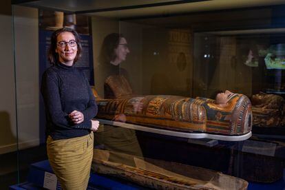 The exhibition curator and Egyptologist Marie Vandenbeusch, pictured in one of the rooms of the exhibition 'Mummies of Egypt. Rediscovering six lives' at the CaixaForum in Barcelona.