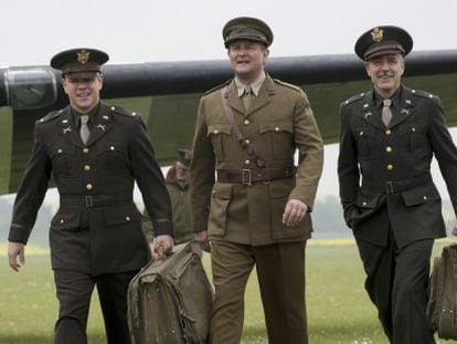 Matt Damon, Hugh Bonnevill and George Clooney, in a scene from The Monuments Men.