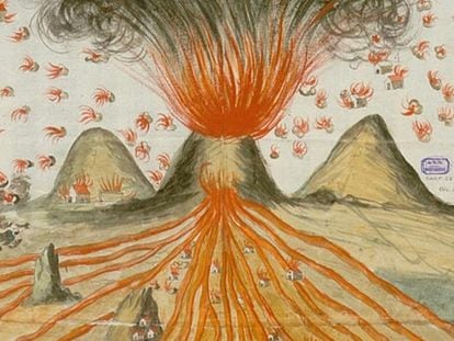 A drawing from 1678 showing a volcanic eruption on La Palma.