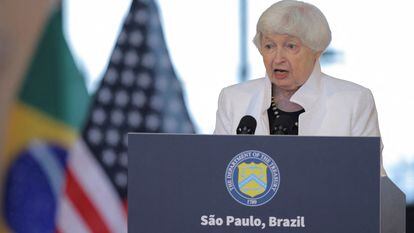 U.S. Treasury Secretary Janet Yellen speaks during a press conference at the G20 Finance Ministers and Central Bank Governors meetings, in Sao Paulo, Brazil, February 27, 2024.
