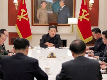 North Korean leader Kim Jong Un presides over a politburo meeting in May.