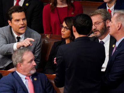 FILE - Rep. Matt Gaetz, R-Fla., left, talks to Rep. Kevin McCarthy, R-Calif., right, in the House chamber as the House meets for the fourth day to elect a speaker and convene the 118th Congress in Washington on Jan. 6, 2023.