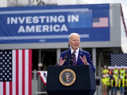President Joe Biden speaks about jobs during a visit to semiconductor manufacturer Wolfspeed Inc., in Durham, North Carolina, on March 28, 2023.