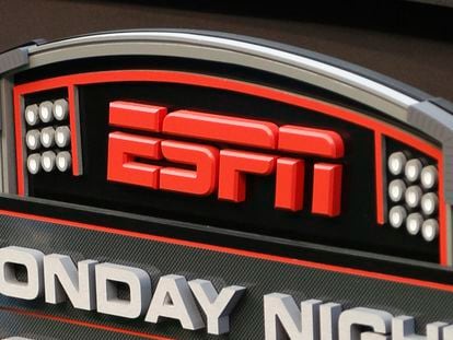 The ESPN logo is seen, Sept. 16, 2013.