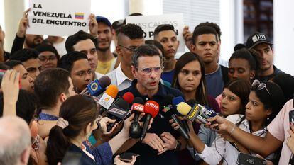Opposition candidate Henrique Capriles, a former governor and presidential candidate speaks with the media after meeting with the National Primary Commission in Caracas, on April 27, 2023.