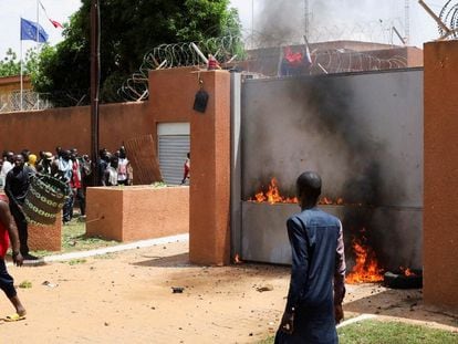Pro-junta demonstrators gathered outside the French embassy in Niamey, the capital city of Niger, July 30, 2023.