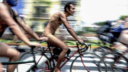 Nude cyclists during a bike rally in Lima, Peru.