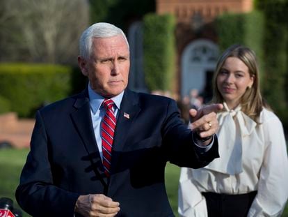 Former Vice President Mike Pence speaks to reporters before the MockCon event at University Chapel at Washington and Lee University on Tuesday, March 21, 2023, in Lexington, Va.