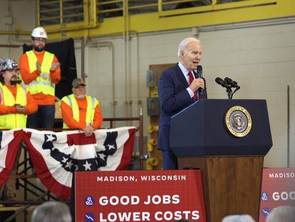 President Joe Biden speaks to guests at the Laborers International Union of North America (LIUNA) training center on February 8, 2023 in De Forest, Wisconsin.