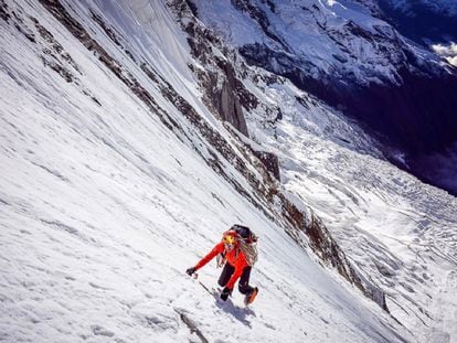 Ueli Steck ascending Annapurna in the Himalayan mountains.