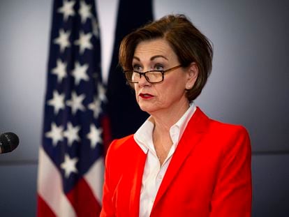 Iowa Governor Kim Reynolds holds a news conference in Johnston, Iowa, on May 19, 2020.