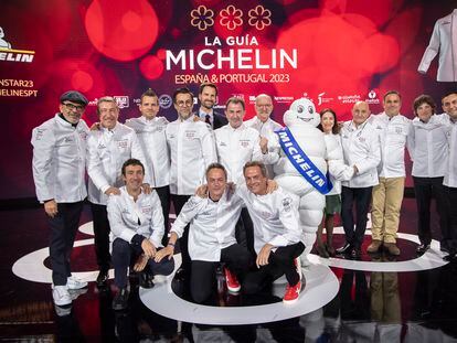 The chefs with three Michelin stars pose after the awards ceremony on November 28, 2023.