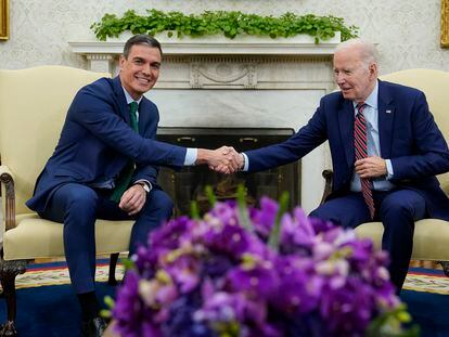President Joe Biden shakes hands with Spain's Prime Minister Pedro Sanchez as they meet in the Oval Office of the White House in Washington, Friday, May 12, 2023.
