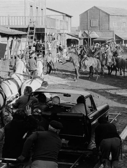 A moment during the filming of Fellini's Western in November of 1967, in the set built in the now-defunct Helios studios in Rome.