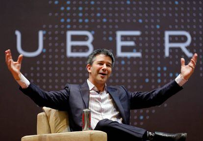 Travis Kalanick, then CEO of Uber, speaks to tech students in Bombay (India), in January 2016.