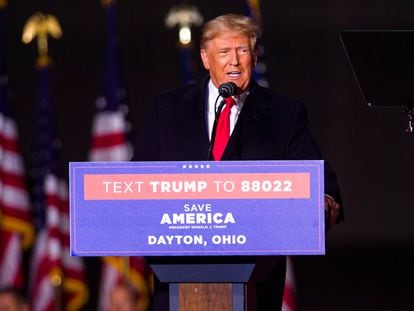 Former US President Donald Trump speaks during a rally at the Dayton International Airport, ahead of the 2022 midterm elections