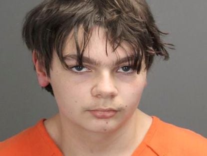 Ethan Crumbley, 15 at the time the picture was taken, poses in a jail booking photograph taken at the Oakland County Jail in Pontiac, Michigan, U.S. December 1, 2021.