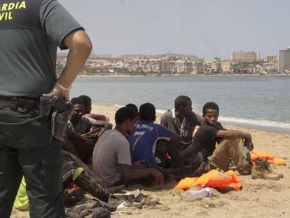 A group of migrants on the beach at the Spanish exclave of Melilla last week.