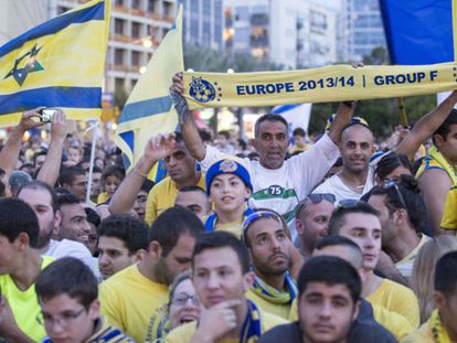Maccabi supporters celebrate the team’s victory in Tel Aviv.