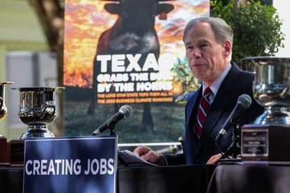 Texas Governor Greg Abbott at a press conference on Economic Development at the Governor's Mansion in Austin, Texas, USA, 01 November 2023.