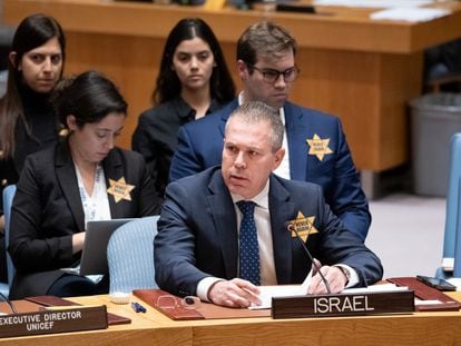 Israel’s ambassador to the UN, Gilad Erdan, addresses the Security Council in New York on Monday.