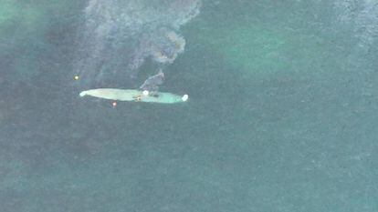 Aerial image of the 'narco-submarine' captured off the coast of Galicia.