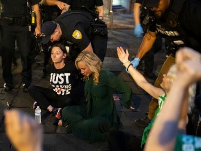 Senator Lauren Book, Democratic Chairwoman Nikki Fried and about a dozen activists are arrested outside the Tallahassee City Hall building, on April 3, 2023, in Tallahassee, Florida.