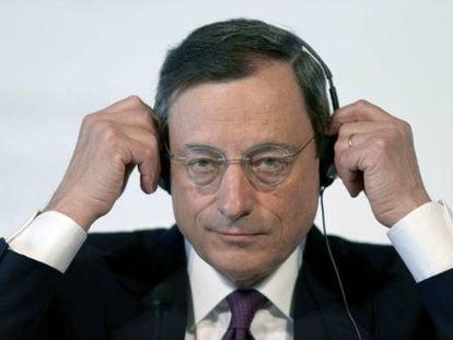 ECB President Mario Draghi at the press conference he held in Barcelona on Thursday. 