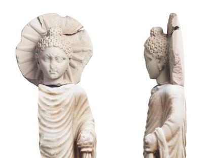 The marble statue of Buddha discovered in Berenice, in an image released by the Egyptian Ministry of Tourism and Antiquities.