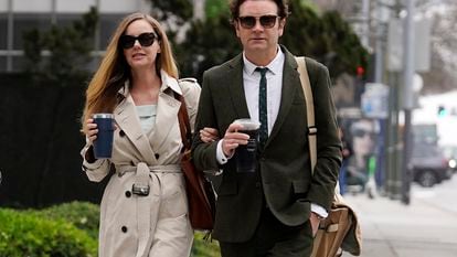 Danny Masterson and his wife Bijou Phillips arrive for closing arguments in his second rape trial, on May 16, 2023, in Los Angeles.