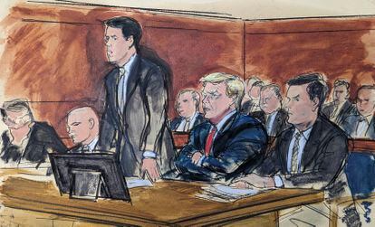 Sketch of the moment in which the lawyer Todd Blanche pronounces the words "not guilty" referring to his client, Donald Trump,.