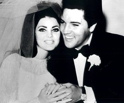 Elvis Presley with his wife, Priscilla, on their wedding day; Las Vegas; 1967.
