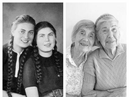 On the left, the sisters Bracha and Katka Berkovic shortly before the outbreak of World War I; on the right, seamstresses recreate the same photo in 2013.