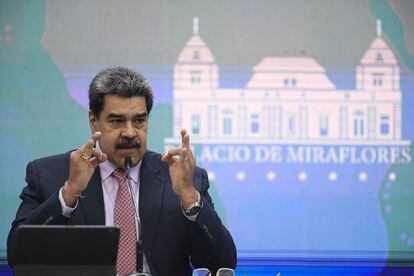 Venezuela's Nicolás Maduro speaking at a news conference at Miraflores Palace in Caracas.